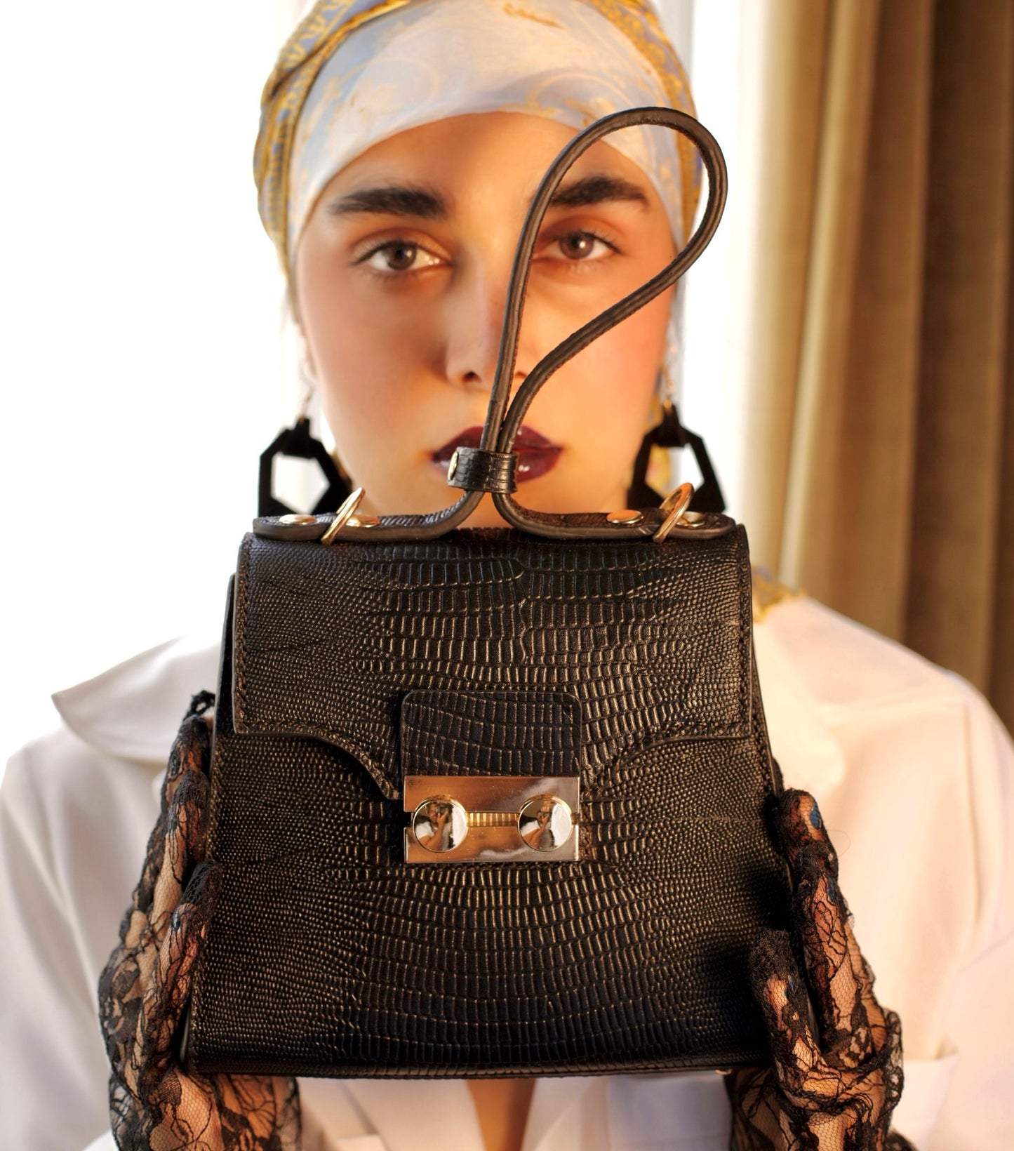 SMALL CHARCOAL CROC LEATHER SHOULDER BAG