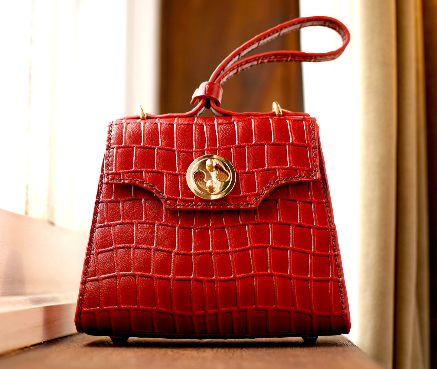 SMALL BURGUNDY CROC LEATHER SHOULDER BAG
