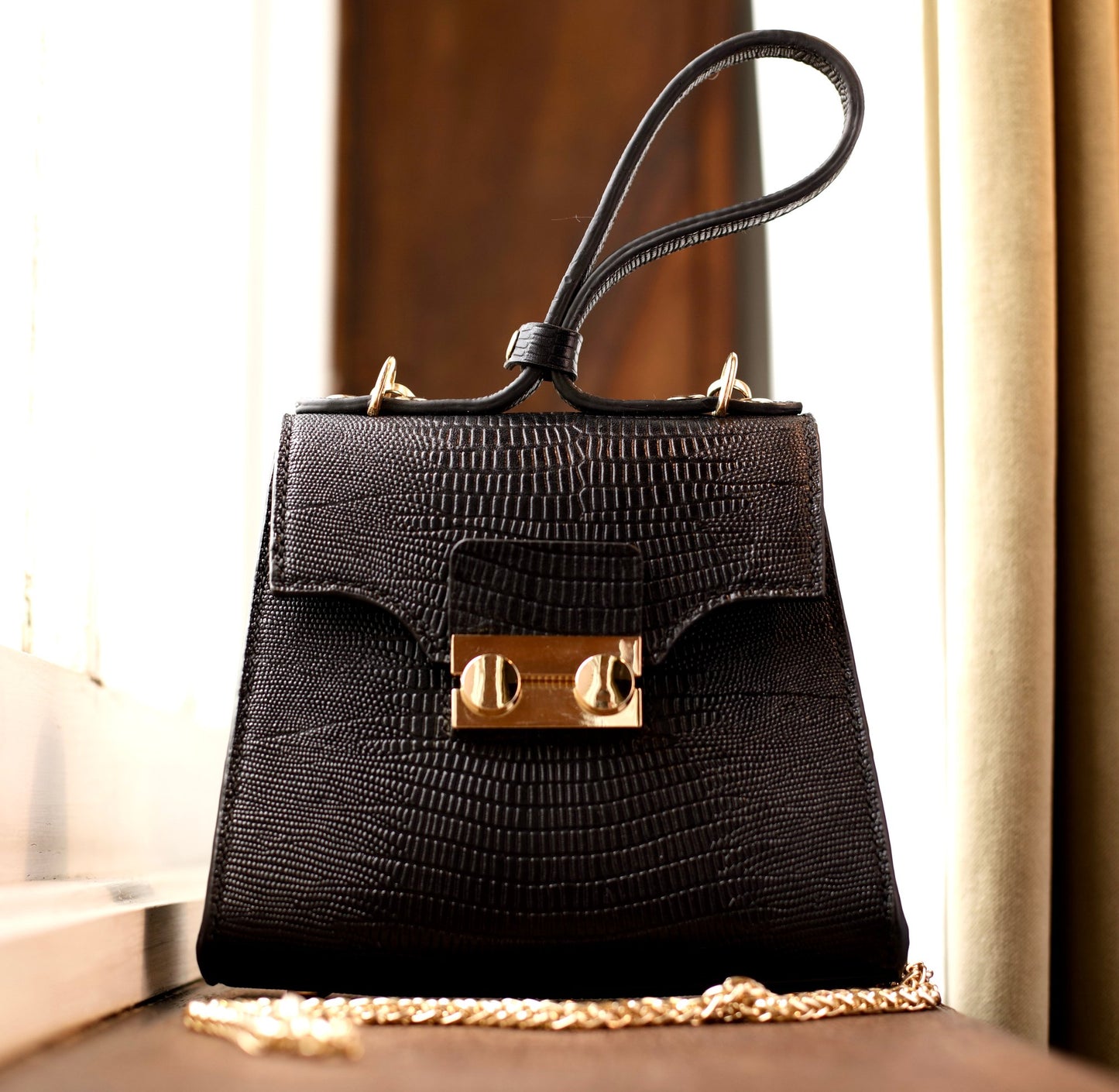 SMALL CHARCOAL CROC LEATHER SHOULDER BAG