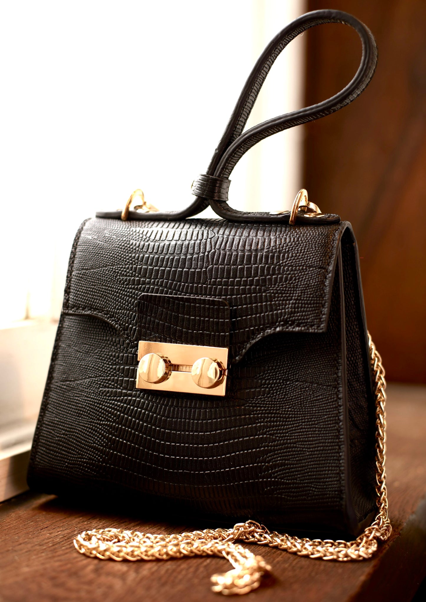SMALL CHARCOAL CROC LEATHER SHOULDER BAG